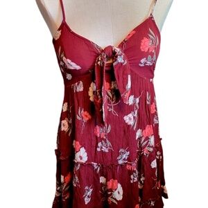 Band of Gypsies Red White Grey Floral Ruffled Tie Front Mini Dress Size XS/S ❤️